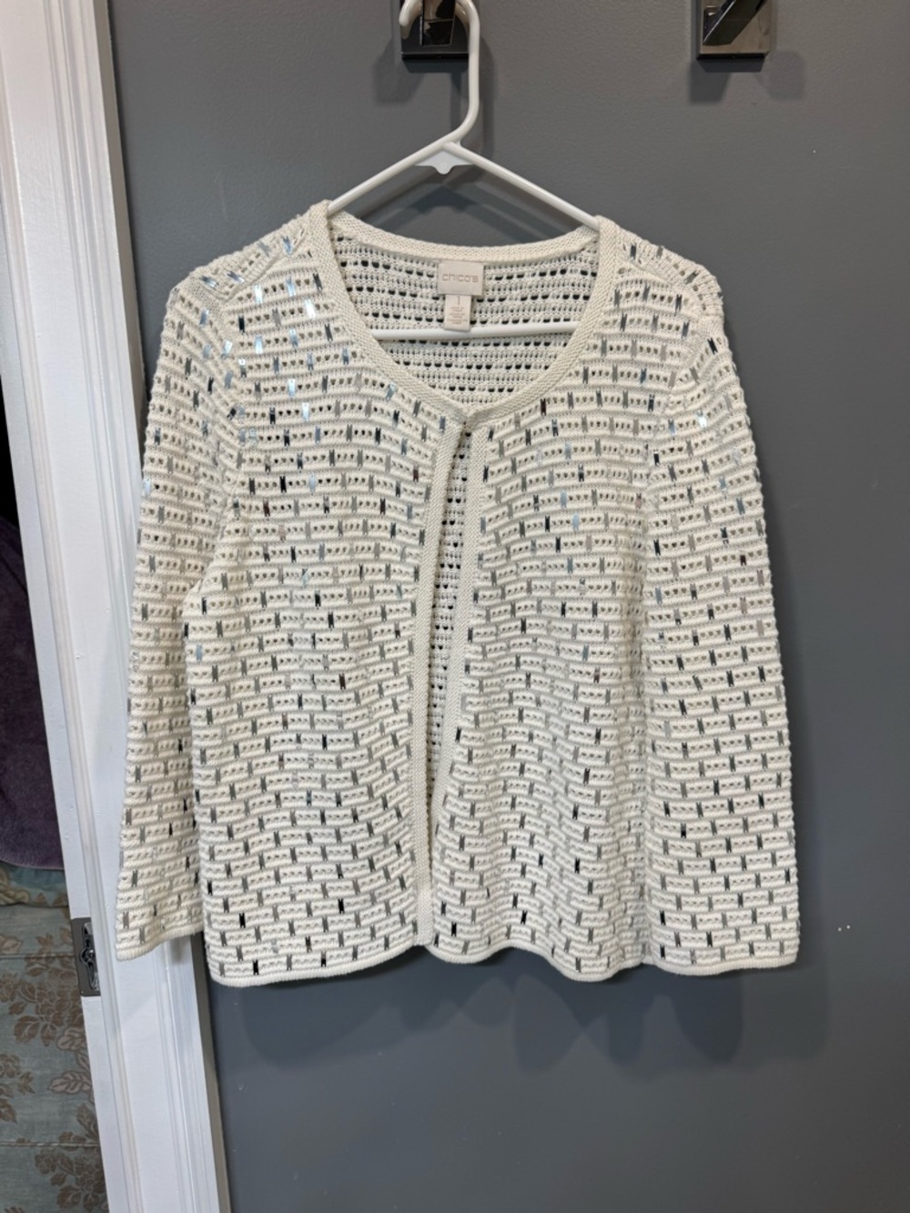 Chico's Cream Crochet Tie-Front Cardigan